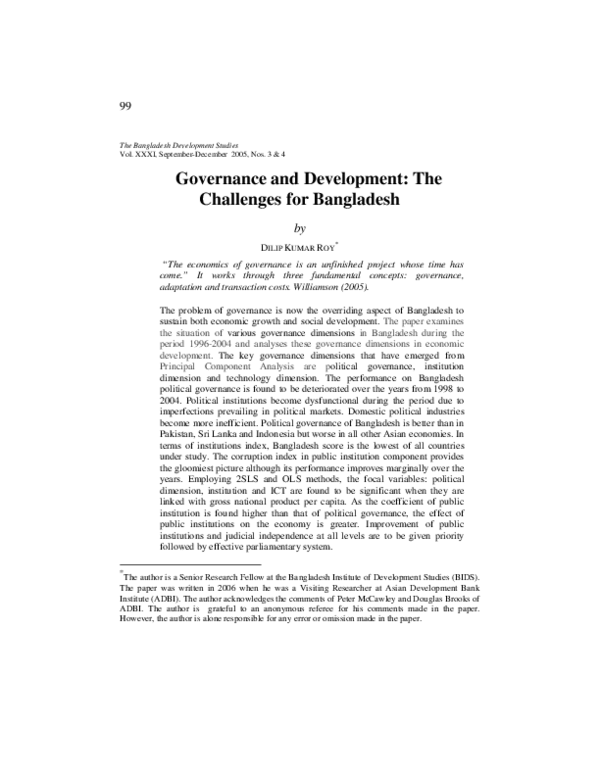 (PDF) Governance and Development: The Challenges for Bangladesh
