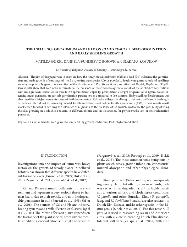 (PDF) The influence of cadmium and lead on Ulmus pumila L. seed ...