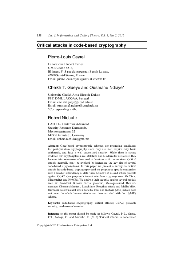  pdf critical attacks in code based cryptography ousmane ndiaye