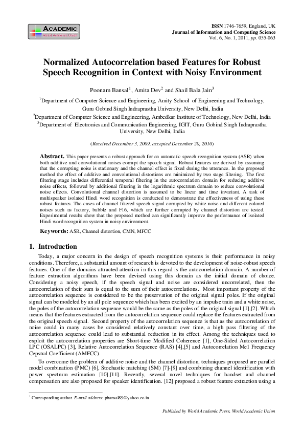 (PDF) Normalized Autocorrelation based Features for Robust Speech ...