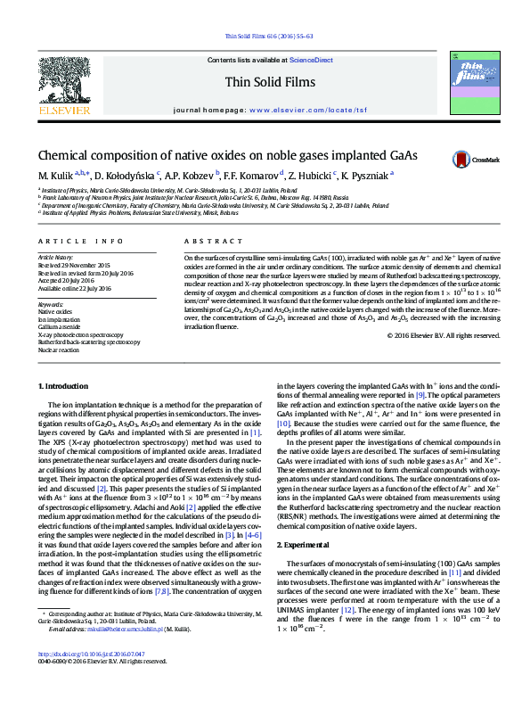 (PDF) Chemical composition of native oxides on noble gases implanted GaAs