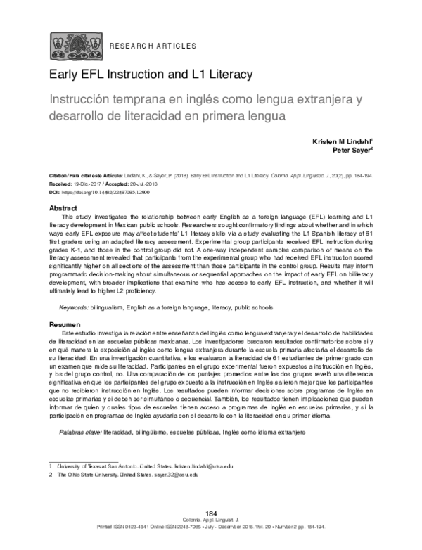 (PDF) Early EFL Instruction and L1 Literacy