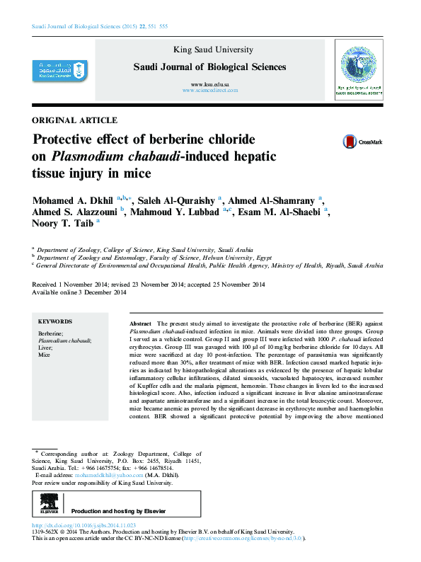 (PDF) Protective effect of berberine chloride on Plasmodium chabaudi ...