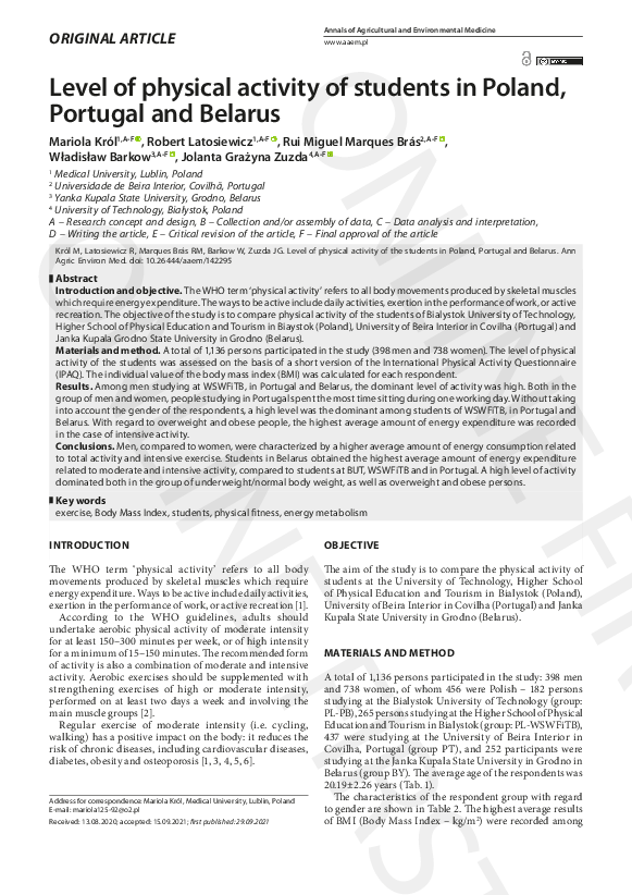 (PDF) Level of physical activity of students in Poland, Portugal and ...