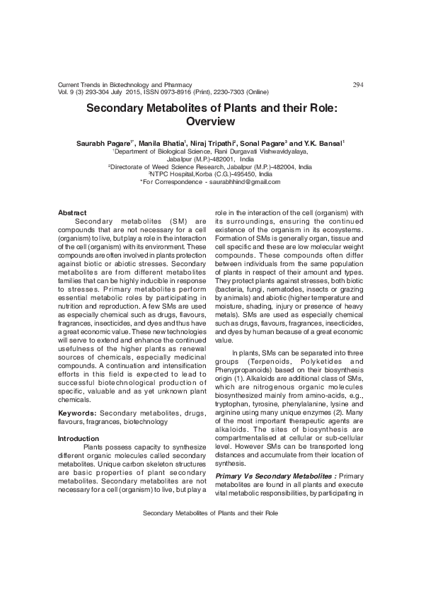 (PDF) Secondary Metabolites of Plants and their Role: Overview