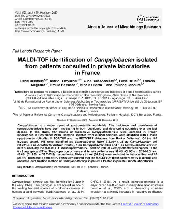 (PDF) MALDI-TOF identification of Campylobacter isolated from patients ...