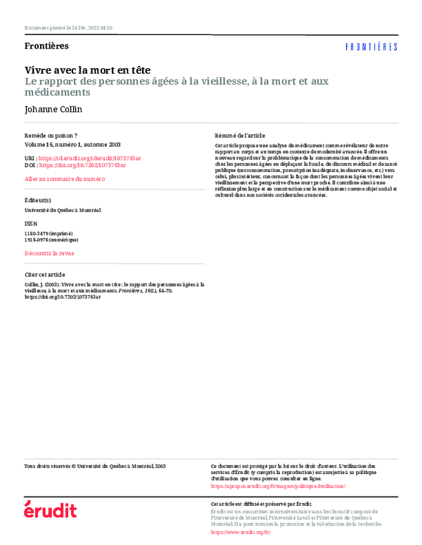 (PDF) Vivre avec la mort en tête