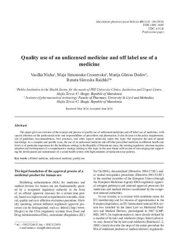 (PDF) Quality use of an unlicensed medicine and off label use of a medicine