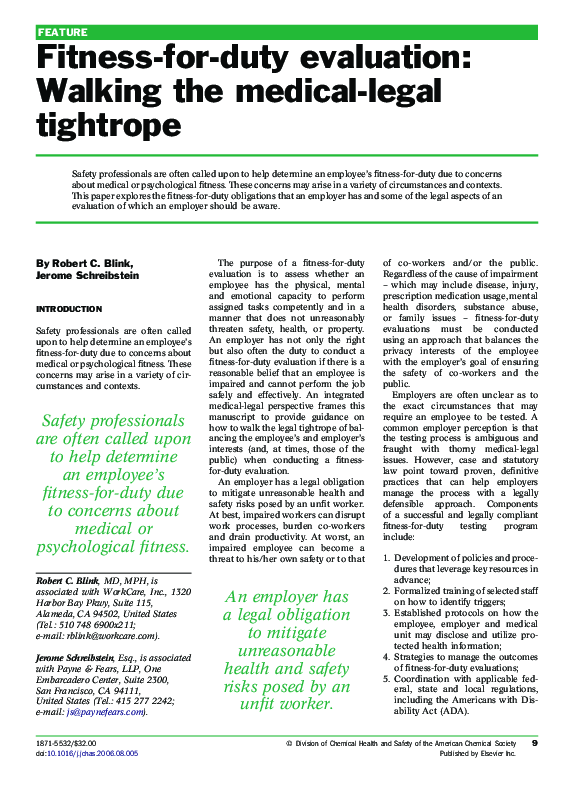 (PDF) Fitnessforduty evaluation Walking the medicallegal tightrope