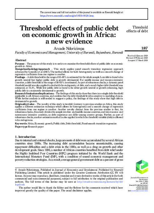 (PDF) Threshold effects of public debt on economic growth in Africa: a ...