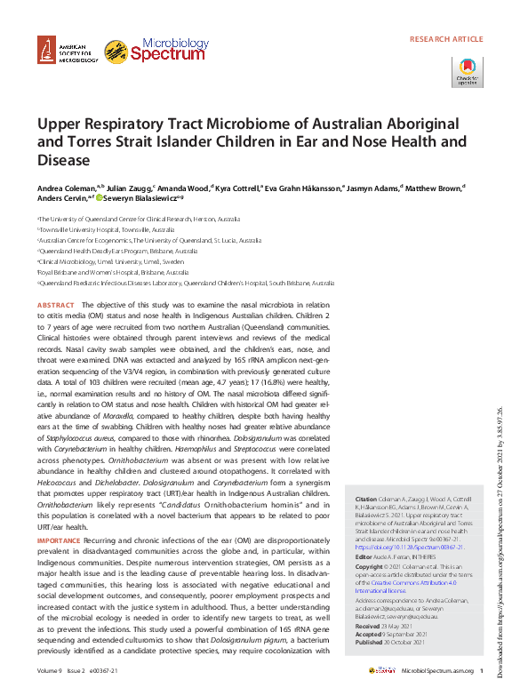 (PDF) Upper Respiratory Tract Microbiome of Australian Aboriginal and ...