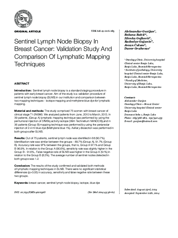 (PDF) Sentinel lymph node biopsy in breast cancer: Validation study and ...