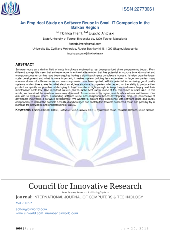 (PDF) An Empirical Study on Software Reuse in Small IT Companies in the ...