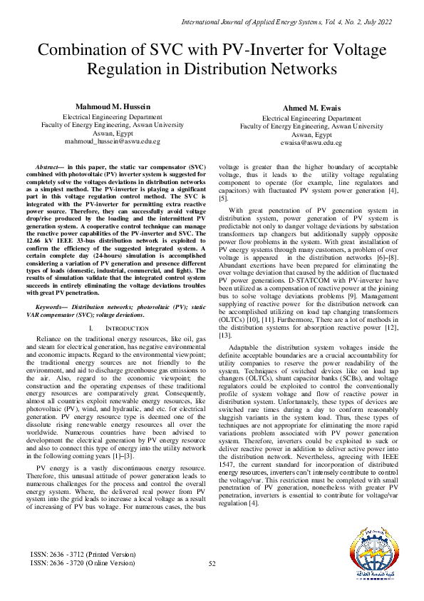 (PDF) Combination of SVC with PVInverter for Voltage Regulation in