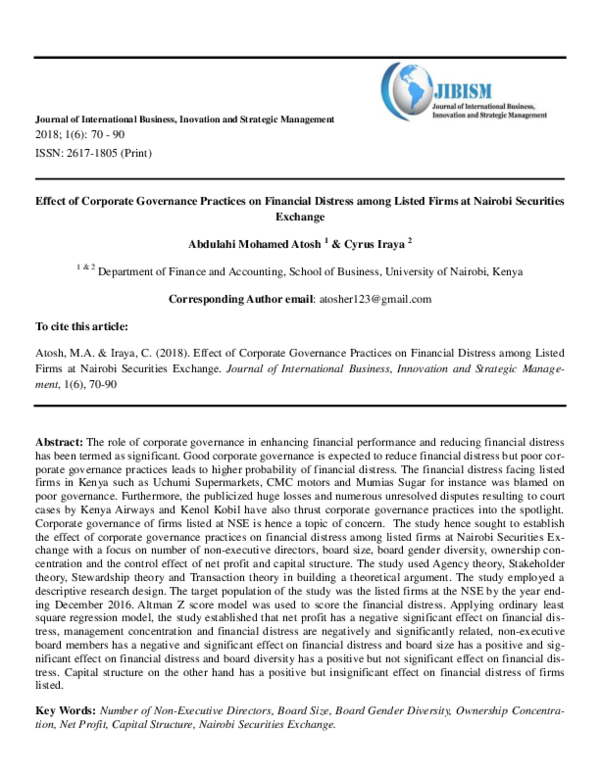(PDF) Effect of Corporate Governance Practices on Financial Distress ...