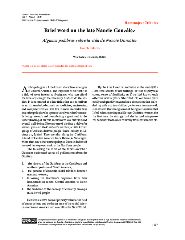 (PDF) Brief word on the late Nancie González Algunas palabras sobre la ...