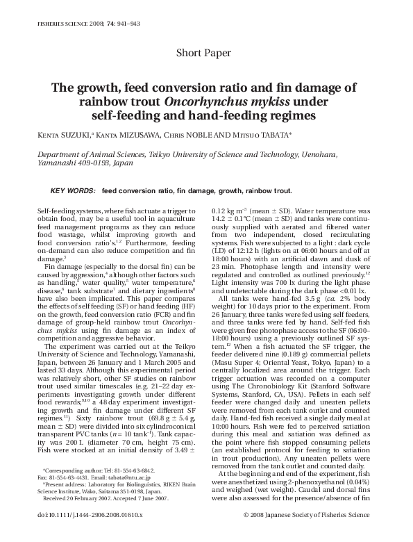 (PDF) The growth, feed conversion ratio and fin damage of rainbow trout