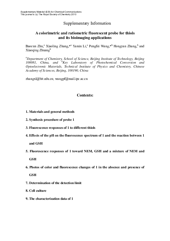 (PDF) A colorimetric and ratiometric fluorescent probe for thiols and ...