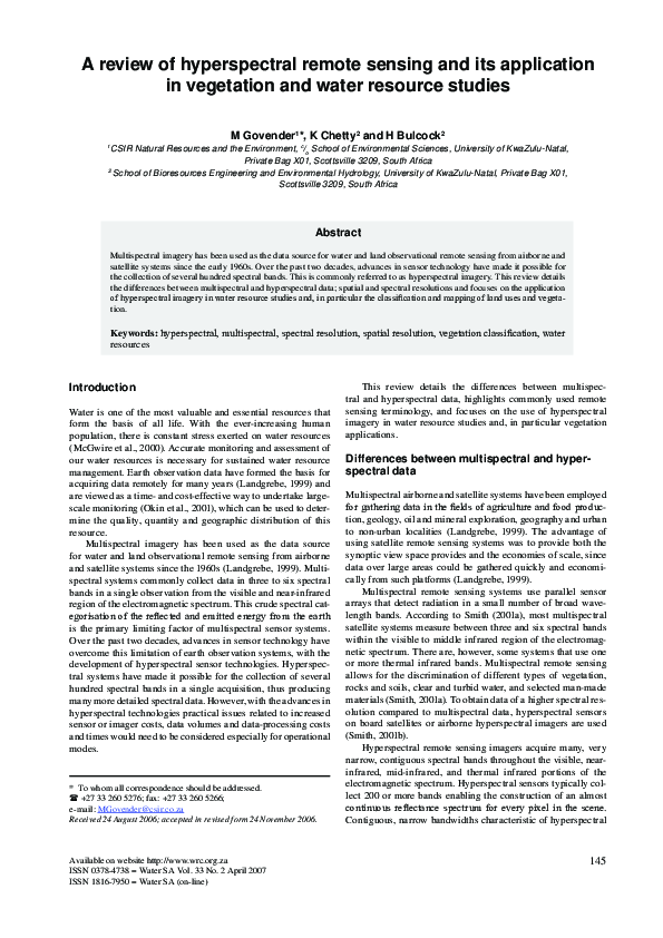 (PDF) A review of hyperspectral remote sensing and its application in ...