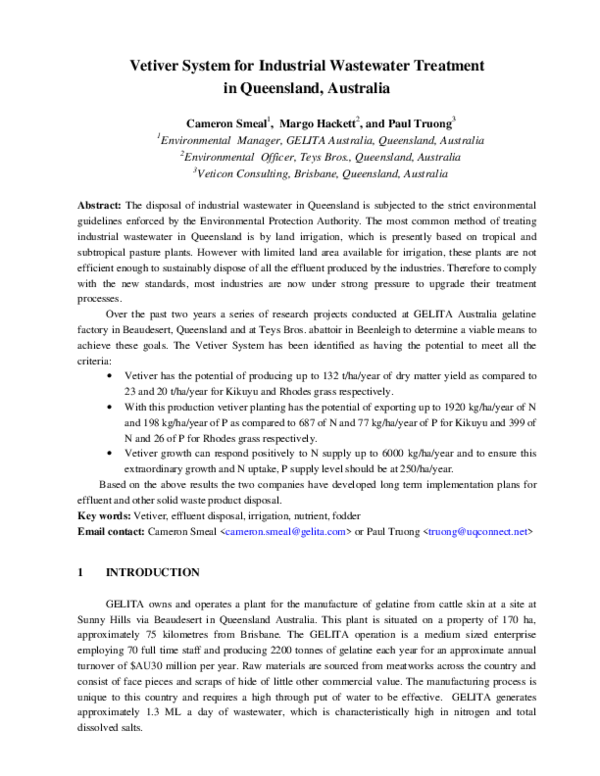 (PDF) Vetiver System for industrial wastewater treatment in Queensland, Australia Paul N V