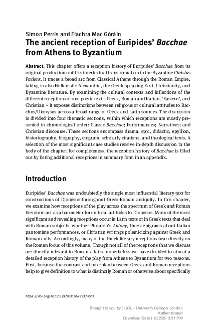 (PDF) The ancient reception of Euripides’ Bacchae from Athens to Byzantium