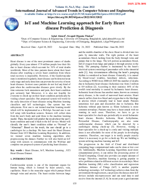 (PDF) IoT and Machine Learning approach for Early Heart disease ...