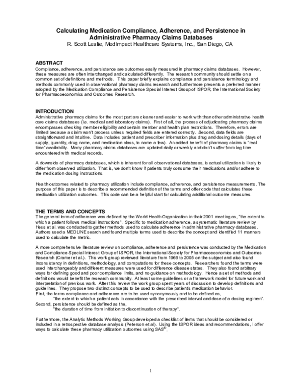 (PDF) Calculating medication compliance, adherence and persistence in