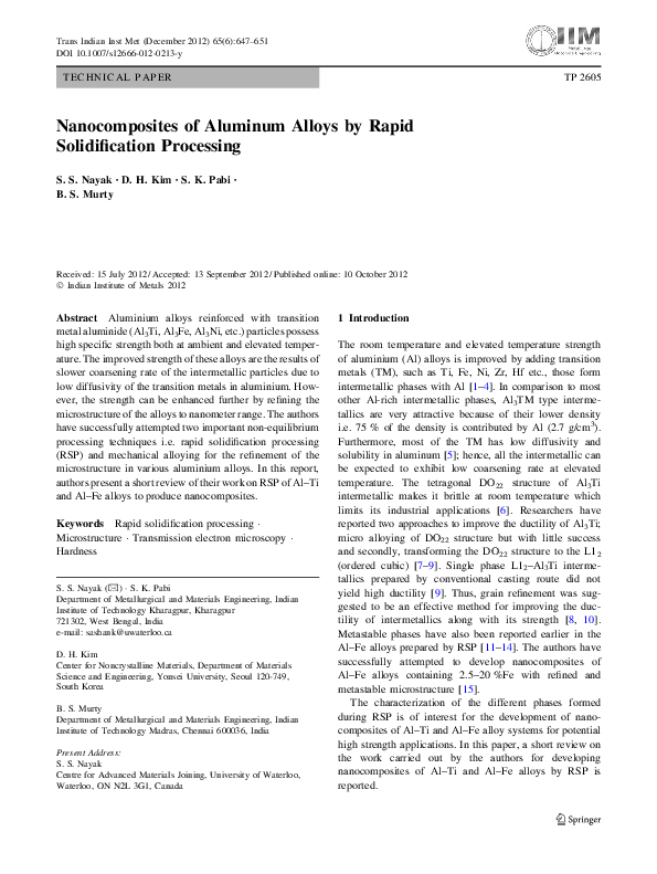 (PDF) Nanocomposites of Aluminum Alloys by Rapid Solidification Processing