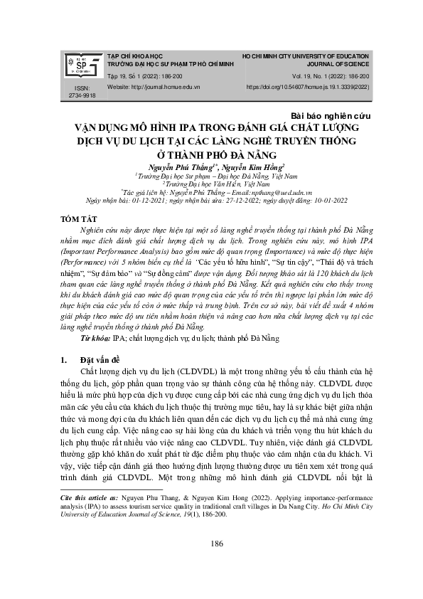 (PDF) Vận Dụng Mô Hình Ipa Trong Đánh Giá Chất Lượng Dịch Vụ Du Lịch ...