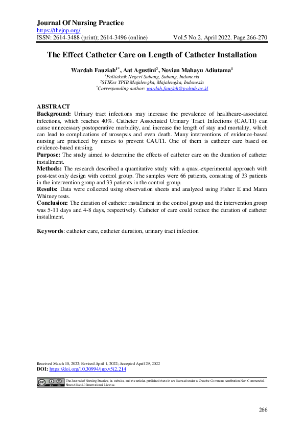 (PDF) The Effect Catheter Care on Length of Catheter Installation