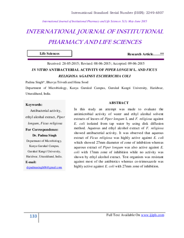 (PDF) In Vitro Antibacterial Activity of Piper Longum L. And Ficus ...