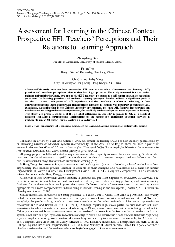 (PDF) Assessment for Learning in the Chinese Context: Prospective EFL ...