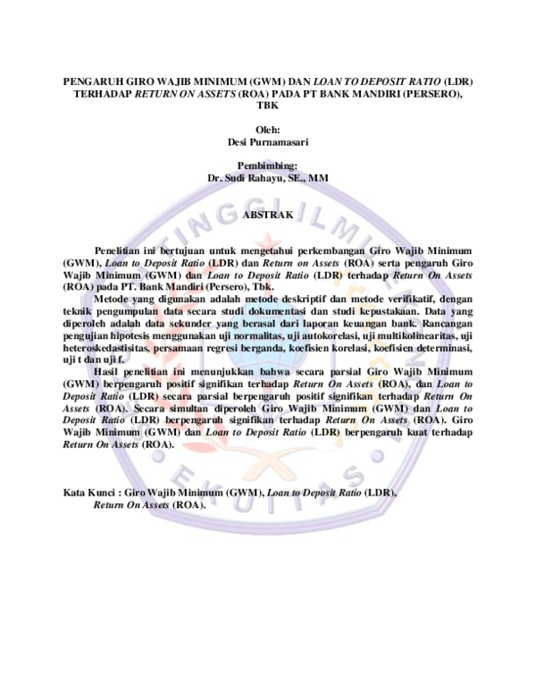 Pengaruh Giro Wajib Minimum (Gwm) Dan Loan To Deposit Ratio (Ldr) Terhadap Return On Assets (Roa) Pada Pt Bank Mandiri (Persero), Tbk
