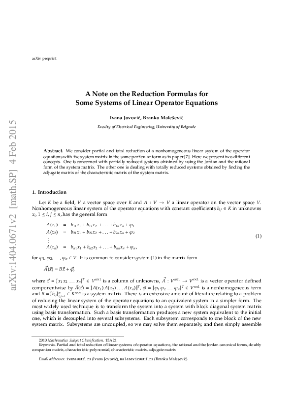 (PDF) A note on the reduction formulas for some systems of linear ...