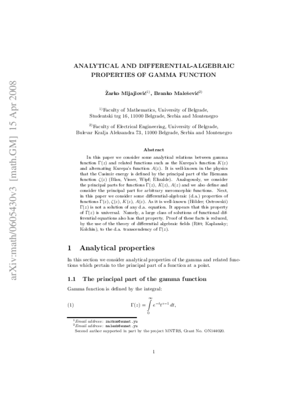 (PDF) Analytical and differential-algebraic properties of Gamma function