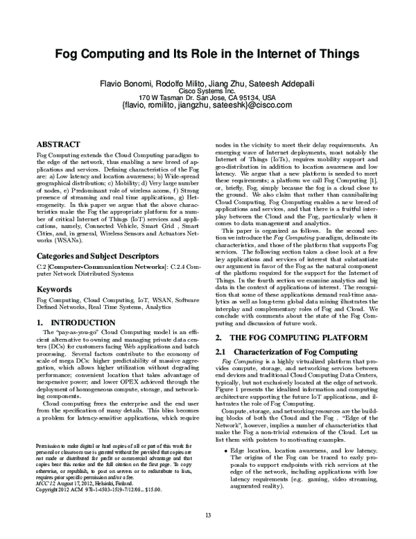 (PDF) Fog computing and its role in the internet of things