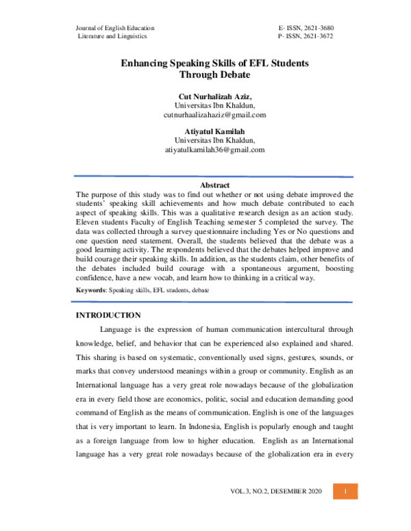 (PDF) Enhancing Speaking Skills of EFL Students Through Debate