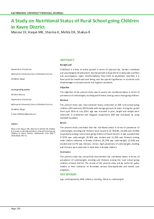 (PDF) A Study on Nutritional Status of Rural School going Children in ...