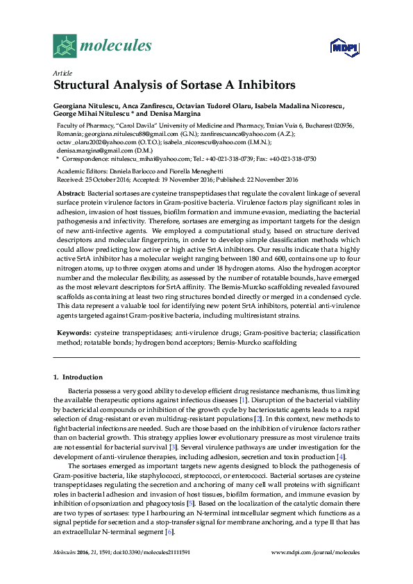 (PDF) Structural Analysis of Sortase A Inhibitors