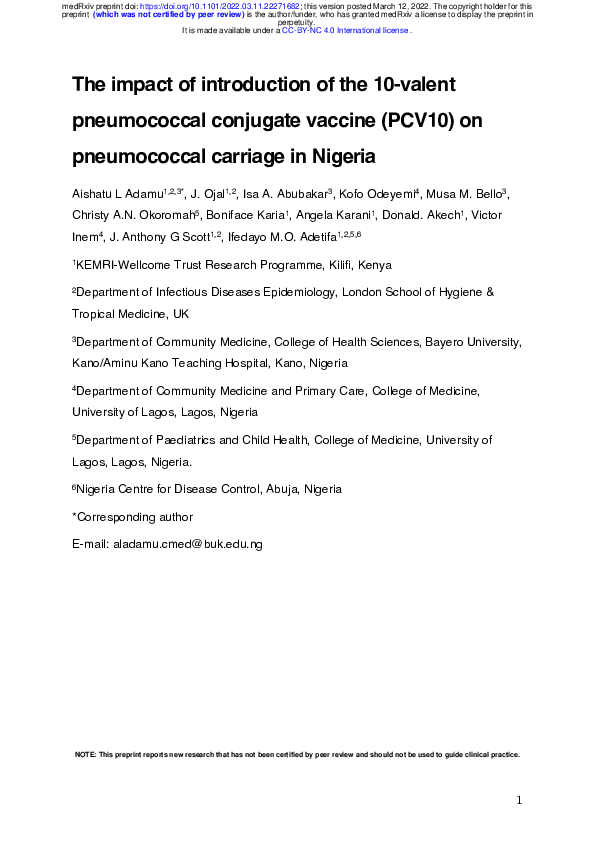 (PDF) The impact of introduction of the 10-valent pneumococcal ...