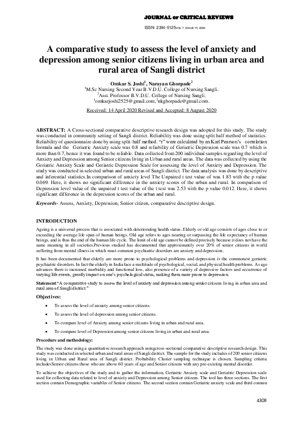 (PDF) A comparative study to assess the level of anxiety and depression ...