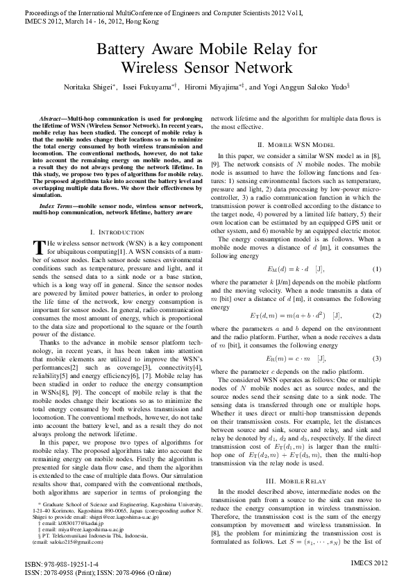 (PDF) Battery Aware Mobile Relay for Wireless Sensor Network