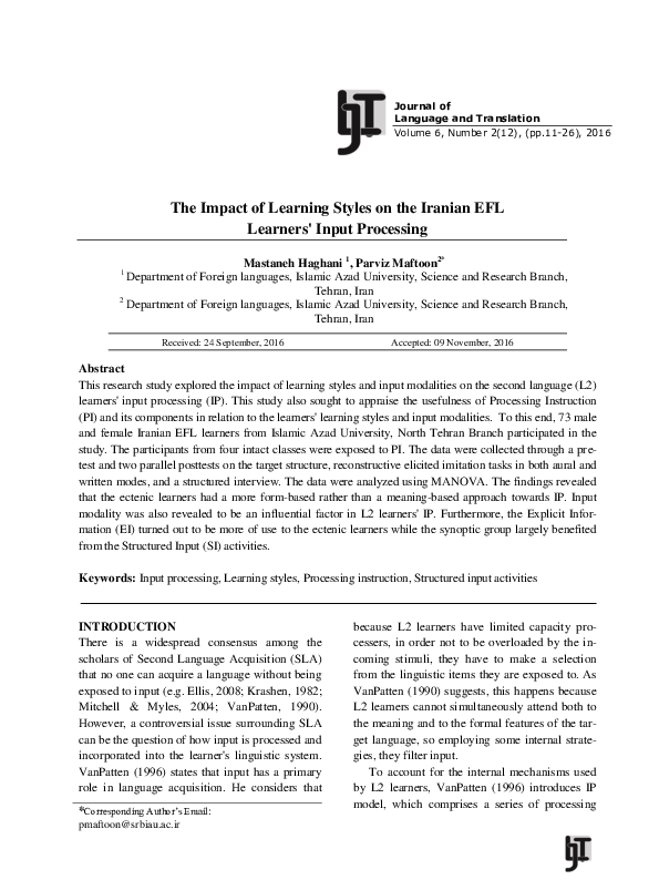 (PDF) The Impact of Learning Styles on the Iranian EFL Learners' Input ...