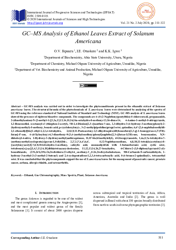 (PDF) GC–MS Analysis of Ethanol Leaves Extract of Solanum Americana
