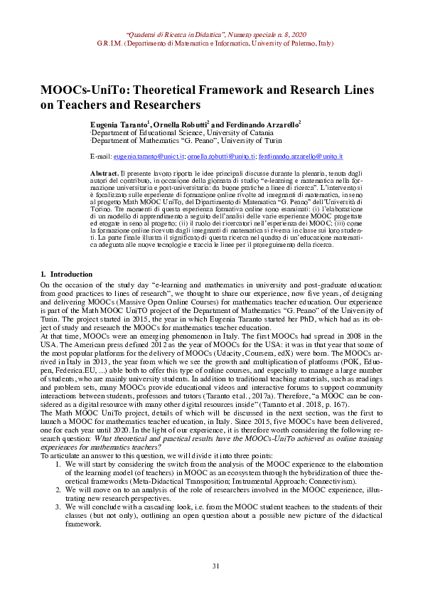 (PDF) MOOCs-UniTo: Theoretical Framework and Research Lines on Teachers ...