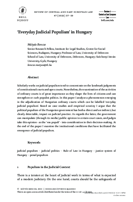 (PDF) ‘Everyday Judicial Populism’ in Hungary Mátyás Bencze