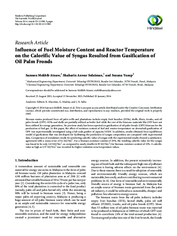 (PDF) Influence of Fuel Moisture Content and Reactor Temperature on the ...