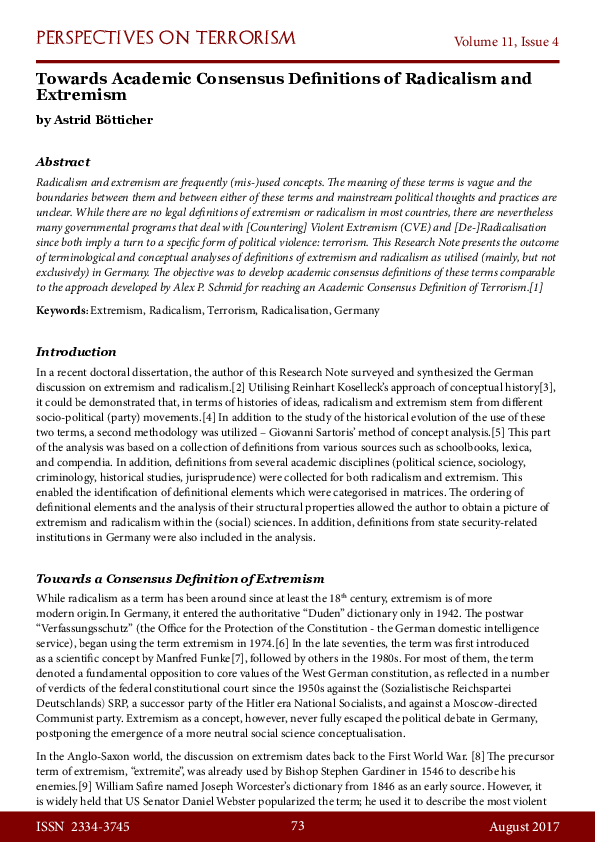 (PDF) Towards Academic Consensus Definitions of Radicalism and Extremism