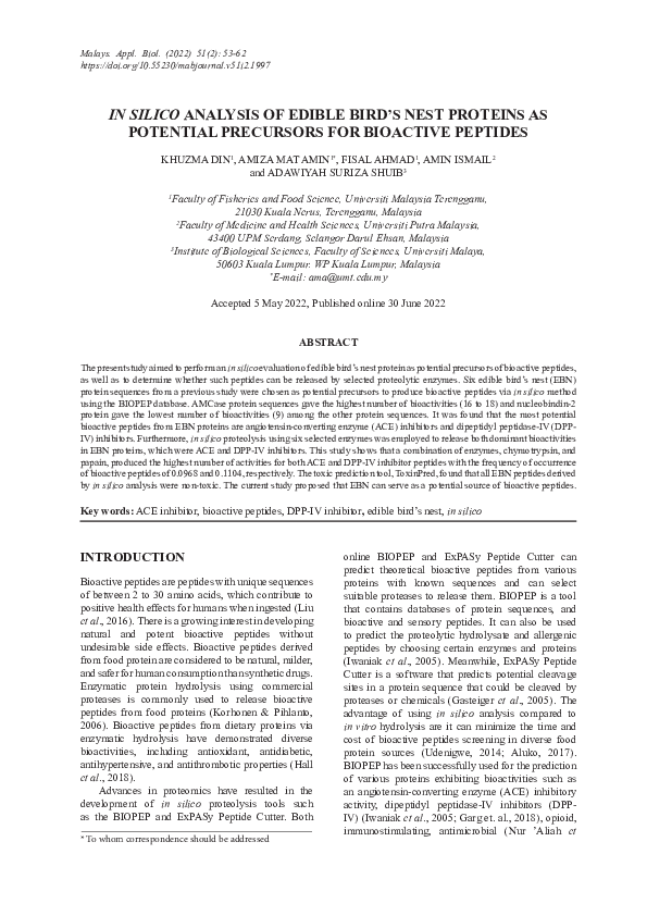 (PDF) In Silico Analysis of Edible Bird’s Nest Proteins as Potential