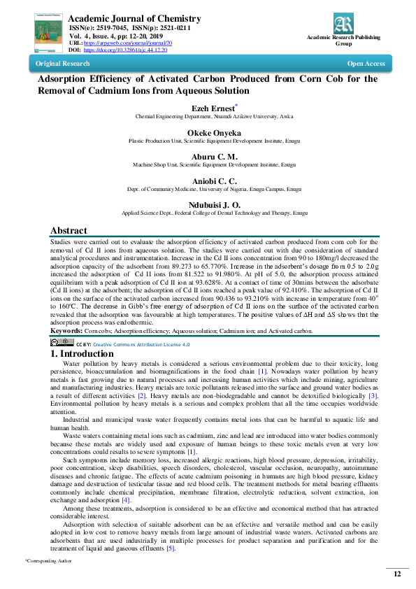 (PDF) Adsorption Efficiency of Activated Carbon Produced from Corn Cob ...
